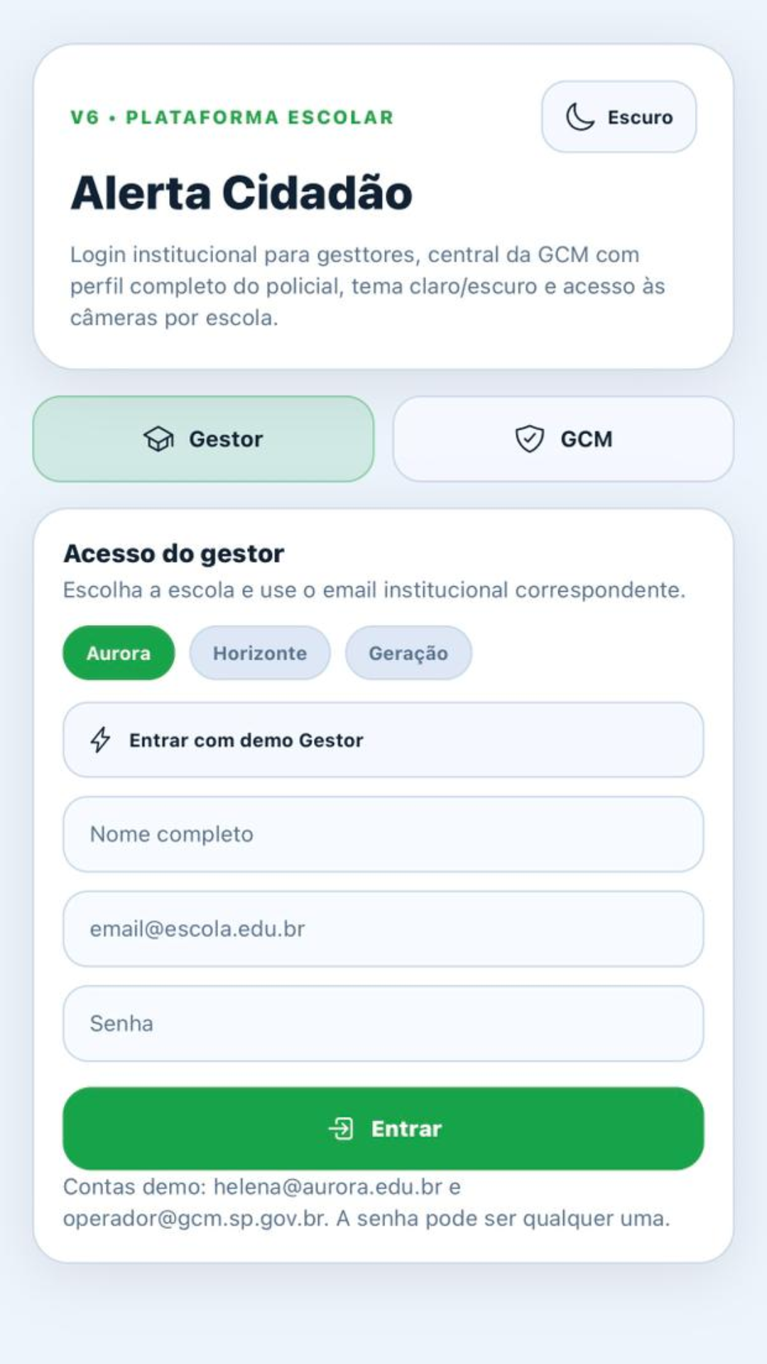 Tela de login do gestor no Alerta Cidadão