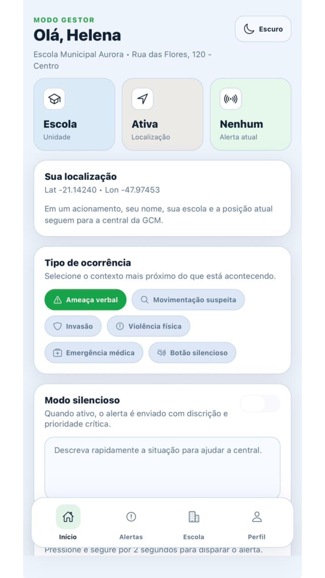 Painel inicial do gestor com localização e tipos de ocorrência