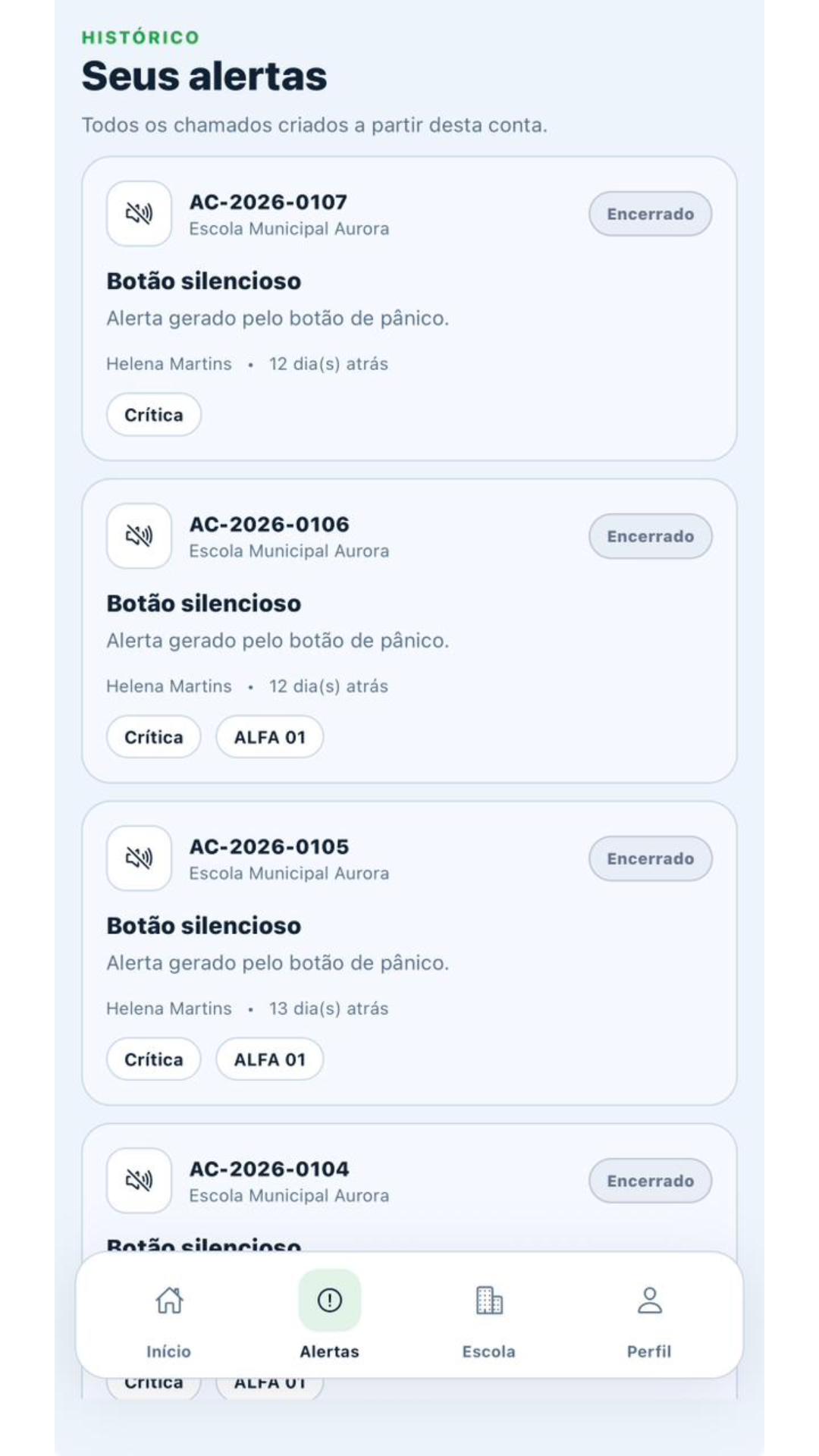 Histórico de alertas do gestor