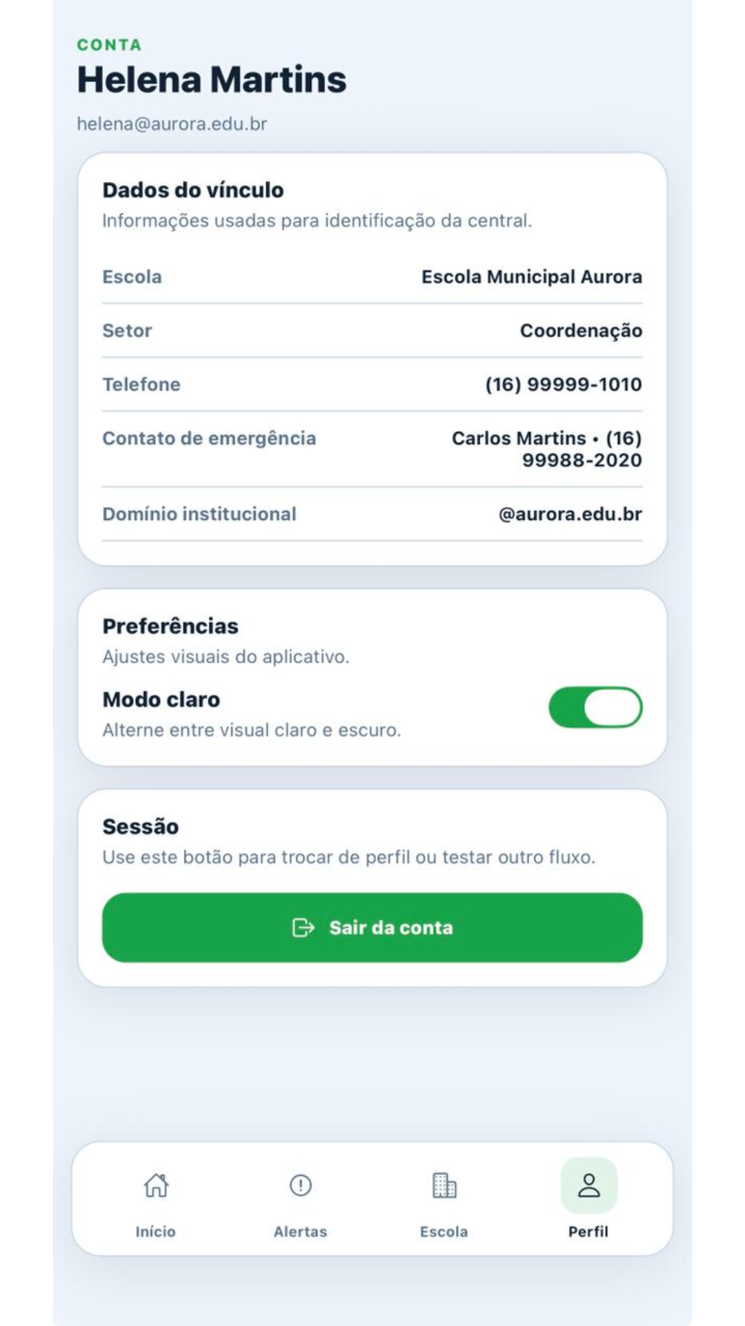 Perfil do gestor com dados de vínculo